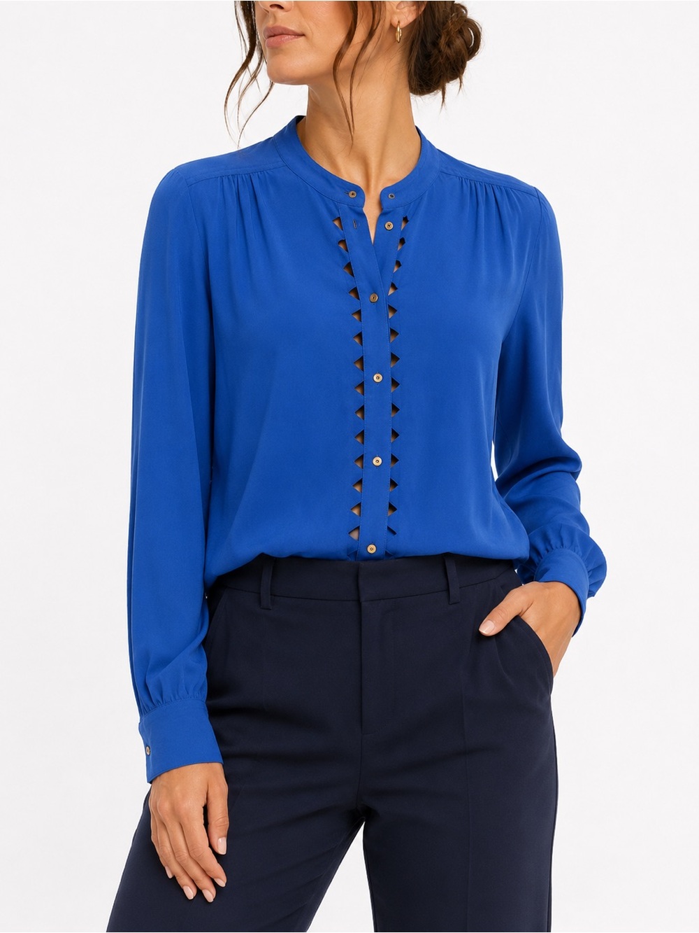 Diane von Furstenberg DVF Cobalt Blue 100% Silk Geometric Cutout Blouse Size 8